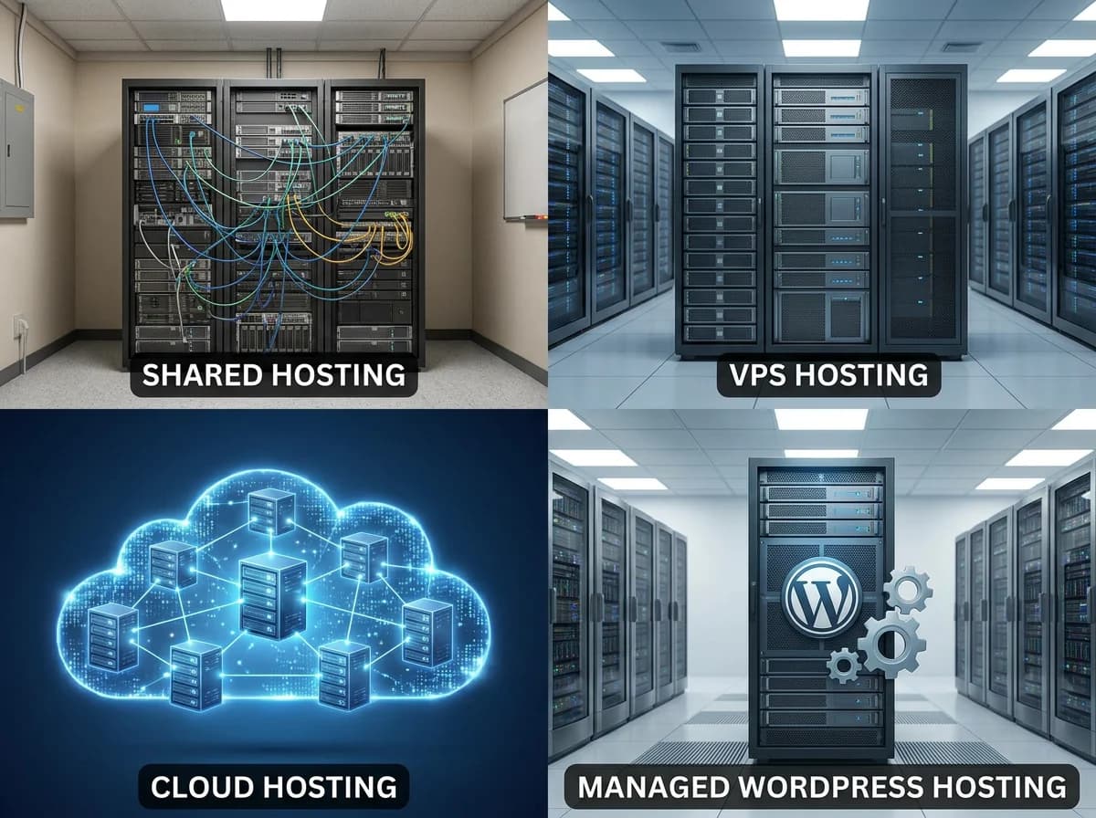 Shared hosting vs VPS vs cloud hosting vs managed WordPress — side-by-side comparison
